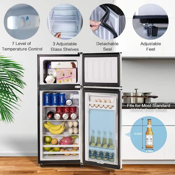 3.8 cu. ft. Mini Refrigerator Double Doors Fridges with Freezer in Silver 7-Level Temp Adjustable, Removable Glass Shelf