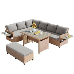 5-Piece Outdoor Patio Rattan Sofa Set with 2 Extendable Side Tables, Dining Table for Backyard, Poolside, Indoor, Brown