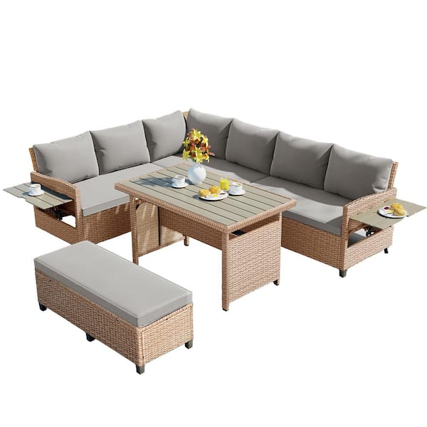 Unbranded 5-Piece Outdoor Patio Rattan Sofa Set with 2 Extendable Side Tables, Dining Table for Backyard, Poolside, Indoor, Brown