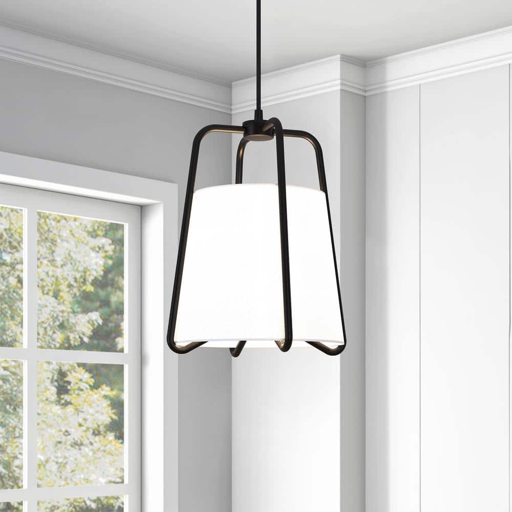 11" Blackened Bronze and White Fabric Drum Pendant Light
