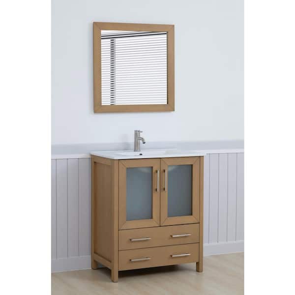 30 in. W x 18 in. D x 36 in. H Natural Oak Bath Vanity with White Ceramic Top and Mirror