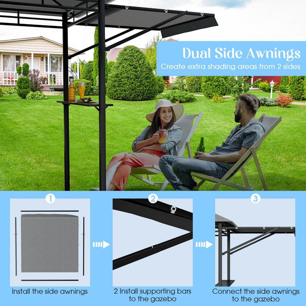 Gray Steel Outdoor BBQ Grill Gazebo with Dual Side Awnings