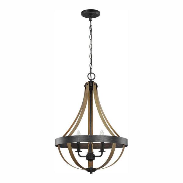 Generation Lighting Davlin 18 in. W. 3-Light Weathered Gray and Distressed Oak Pendant with Dimmable Candelabra LED Bulbs