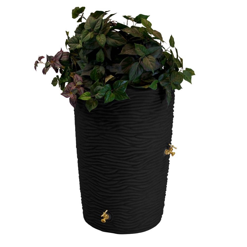 Black 50 Gallon Palm Textured Rain Barrel with Planter Top