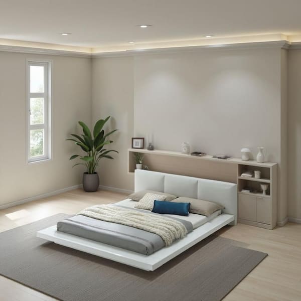 White Wood Frame King Size Platform Bed with Leatherette Headboard