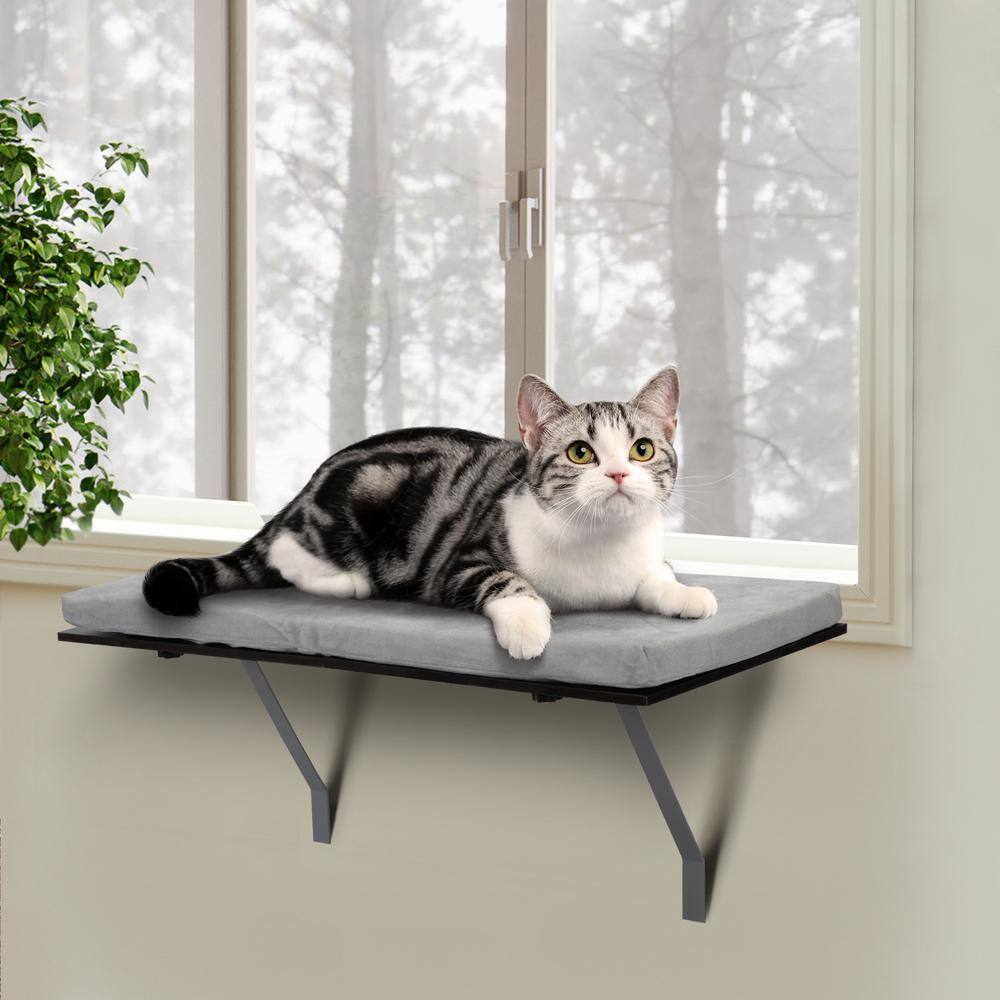 Gray Velvet Cushion Cat Perch Window Mounted Shelf