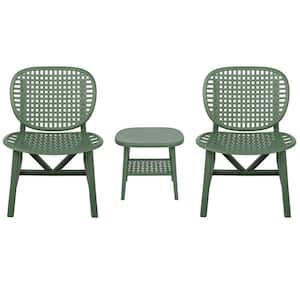 Green 3-Pieces Patio Polypropylene Outdoor Bistro Set, All Weather, Table with Open Shelf and Lounge Chair