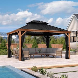 12 ft. x 14 ft. Wood Grain Aluminum Power-Coated Frame Galvanized Steel Double Roof Hardtop Gazebo Hooks Upgrade Netting