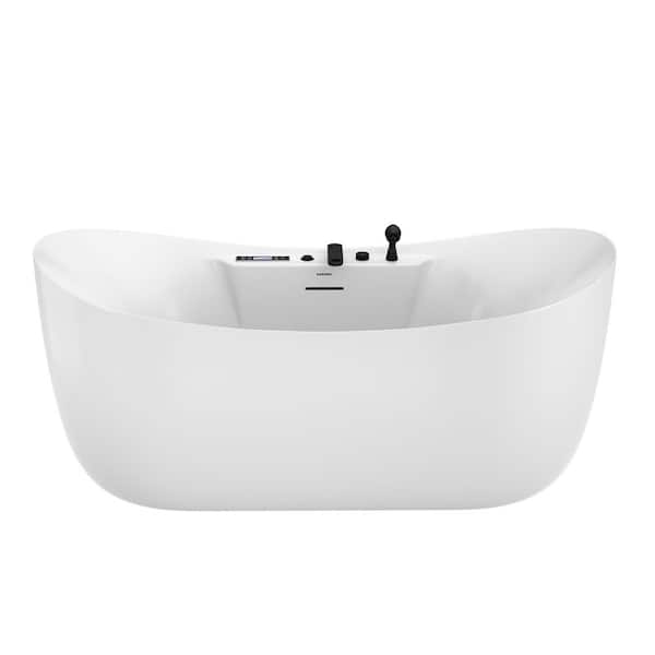 70.87 in. x 31.5 in. Freestanding Soaking Bathtub with Center Drain Matte Black Faucet, 12 Jets, 10 Air Bubbles in White