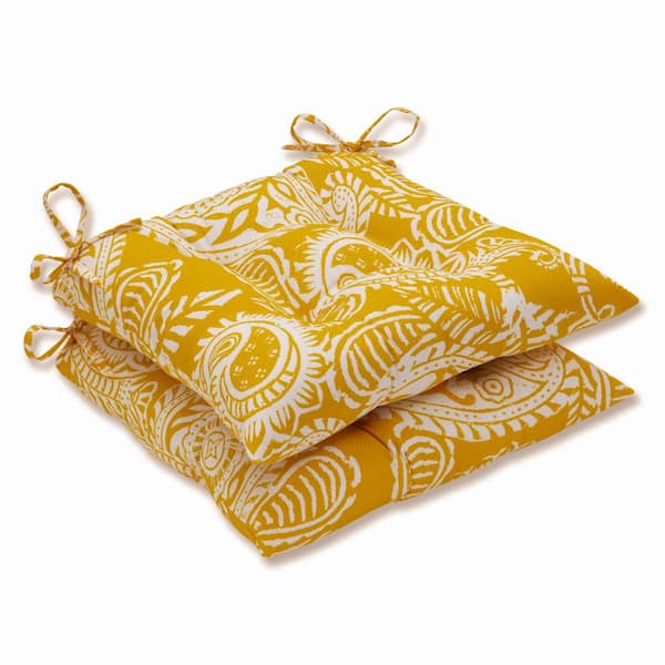 Pillow Perfect Paisley 19 in. x 18.5 in. 2-Piece Outdoor Dining Chair Cushion Yellow/Ivory Addie