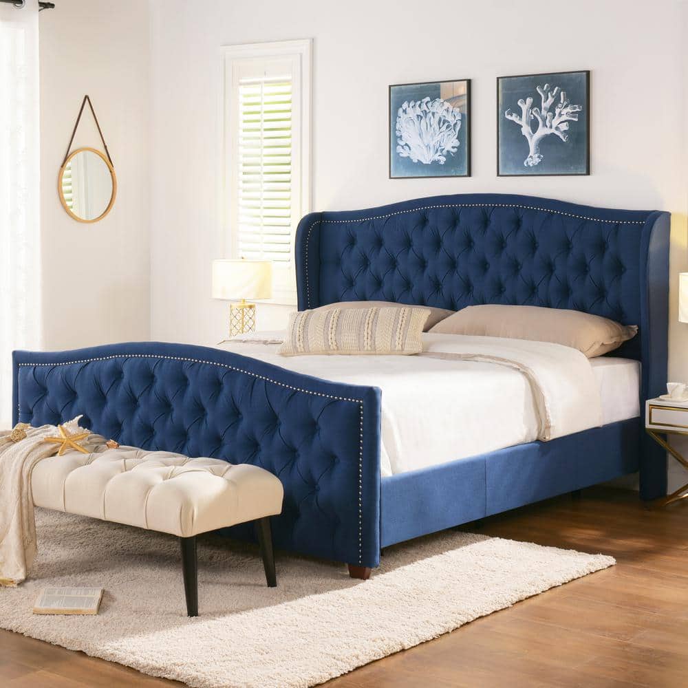 Marcella King-Size Dark Sapphire Blue Tufted Wingback Bed with Nailhead Trim