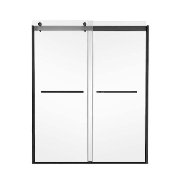 ANGELES HOME 56-60 in. W x 74 in. H Sliding Semi-Frameless Shower Door in Black with Clear Glass,Reversible Installation