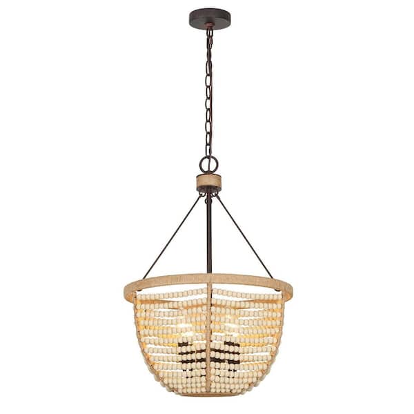 4-Light Candlestick Rusty Bronze Chandelier with White Wood Beads