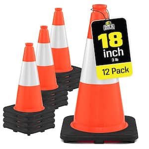 18 in, Orange Traffic Cone, 12-Pk, Safety Cones W/Rflc Collar & Heavy-Duty Base
