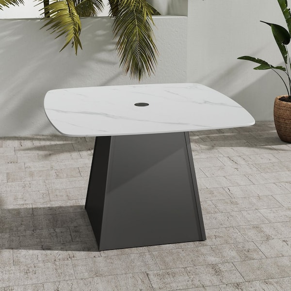 Cavallo White Sintered Stone Top Rounded Square Aluminum Outdoor Dining Table with Umbrella Hole