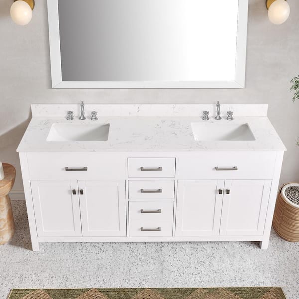 Covento 72 in. W x 22 in. D Freestanding White Bath Vanity with Pulsar White Engineered Stone Top Double Retacgular Sink
