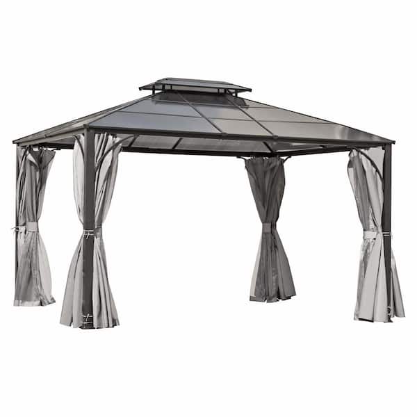 12 ft. x 10 ft. Gray Aluminum Hardtop Outdoor Gazebo, Patio Gazebo with Mosquito Net