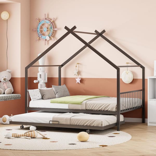 Harper & Bright Designs Black Full Size Metal House Bed Platform Bed with Twin Size Trundle