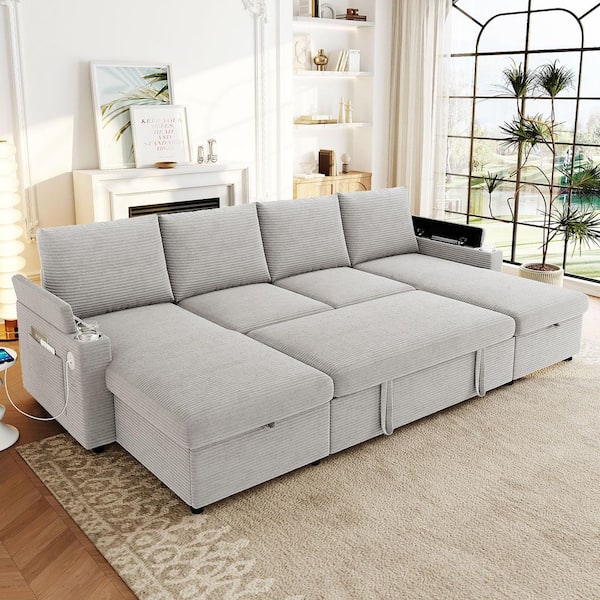 109.5 in. Corduroy U Shaped Sectional Sofa in. Gray with Storage Chaise Lounges, Convertible Sofa Bed with USB Ports