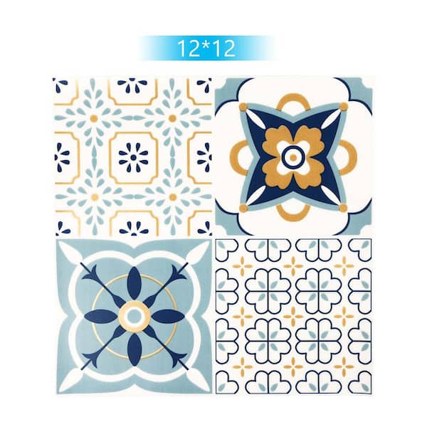 Blue White Floral Peel & Stick Vinyl Wall Tile - 12"x12" 3D Backsplash, Waterproof