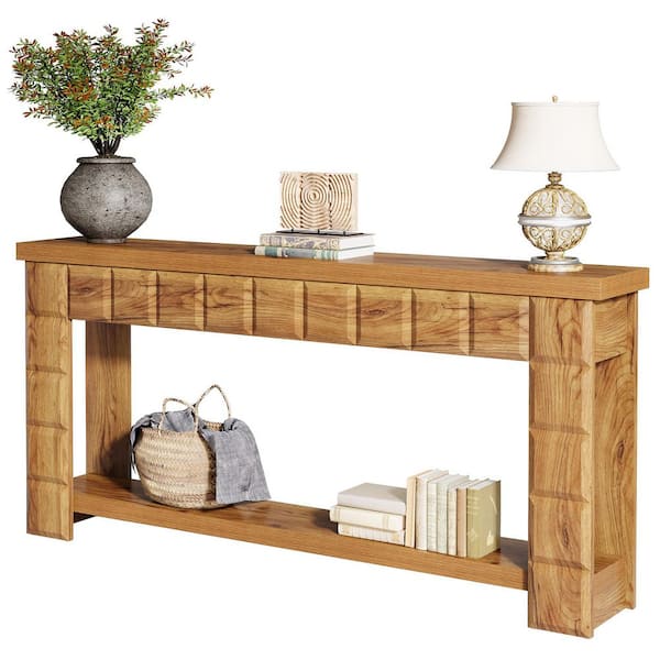 BYBLIGHT Turrella 70.9 in. Oak Brown Rectangle Wood Console Table with 2-Tier Storage, Extra Long Sofa Table for Living Room