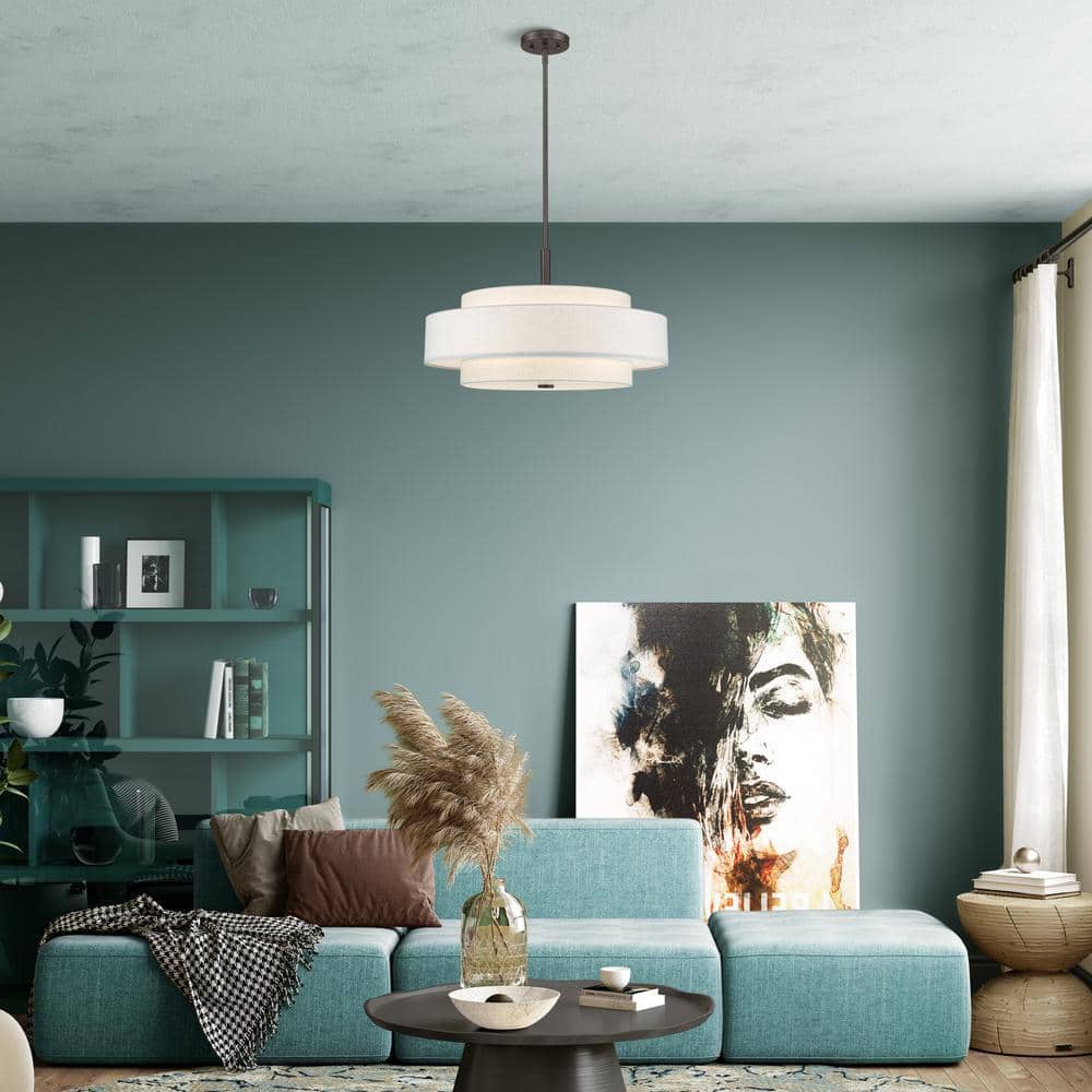 English Bronze Drum Shade Pendant Light with Oatmeal Fabric