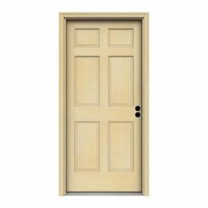 36 in. x 80 in. 6-Panel Unfinished Wood Prehung Left-Hand Inswing Front Door w/Rot Resistant Jamb & Brickmould