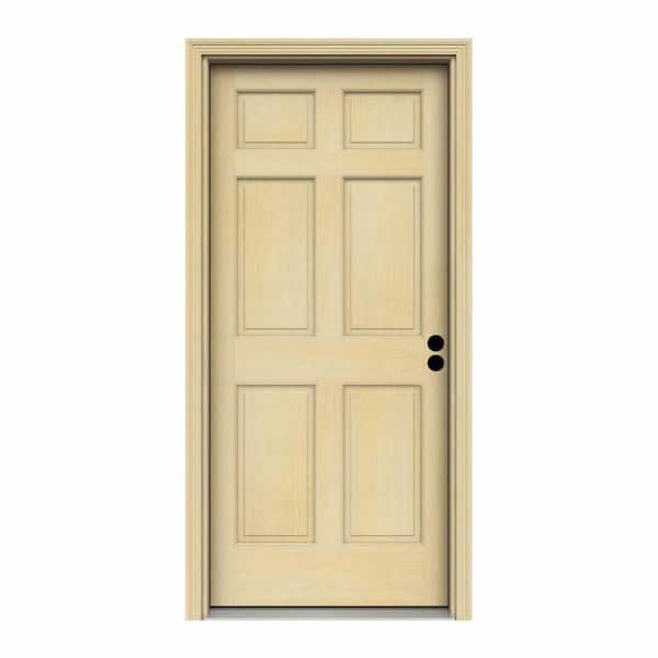 JELD-WEN 36 in. x 80 in. 6-Panel Unfinished Wood Prehung Left-Hand Inswing Front Door w/Rot Resistant Jamb & Brickmould