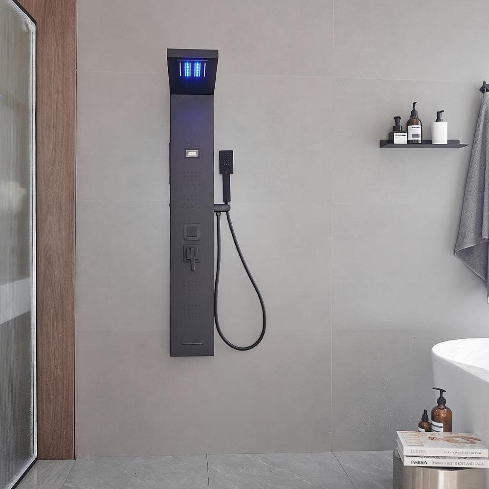 Matte Black 4-Jet Rainfall Shower Panel System with LED Light