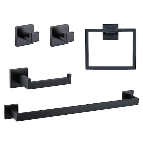 5-Piece Bathroom Hardware Set with Towel Bar, Towel Ring, Robe Hook, Toilet Paper Holder in Matte Black