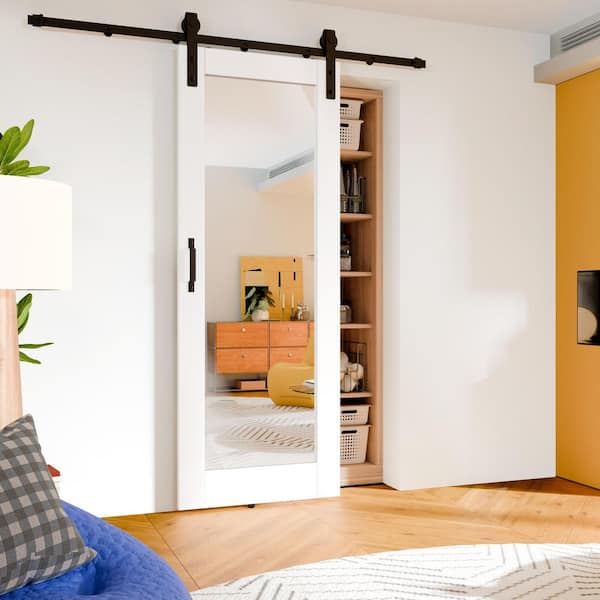 32 in. x 80 in. 1-Lite Mirrored Glass Panel White Primed Pine Wood Barn Door Slab with Full Barn Door Hardware Kit Set