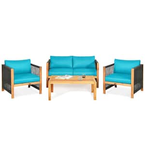 Tightly Woven Strings 4-Piece Acacia Wood Patio Conversation Set with 4 in. Thick Turquoise Cushions