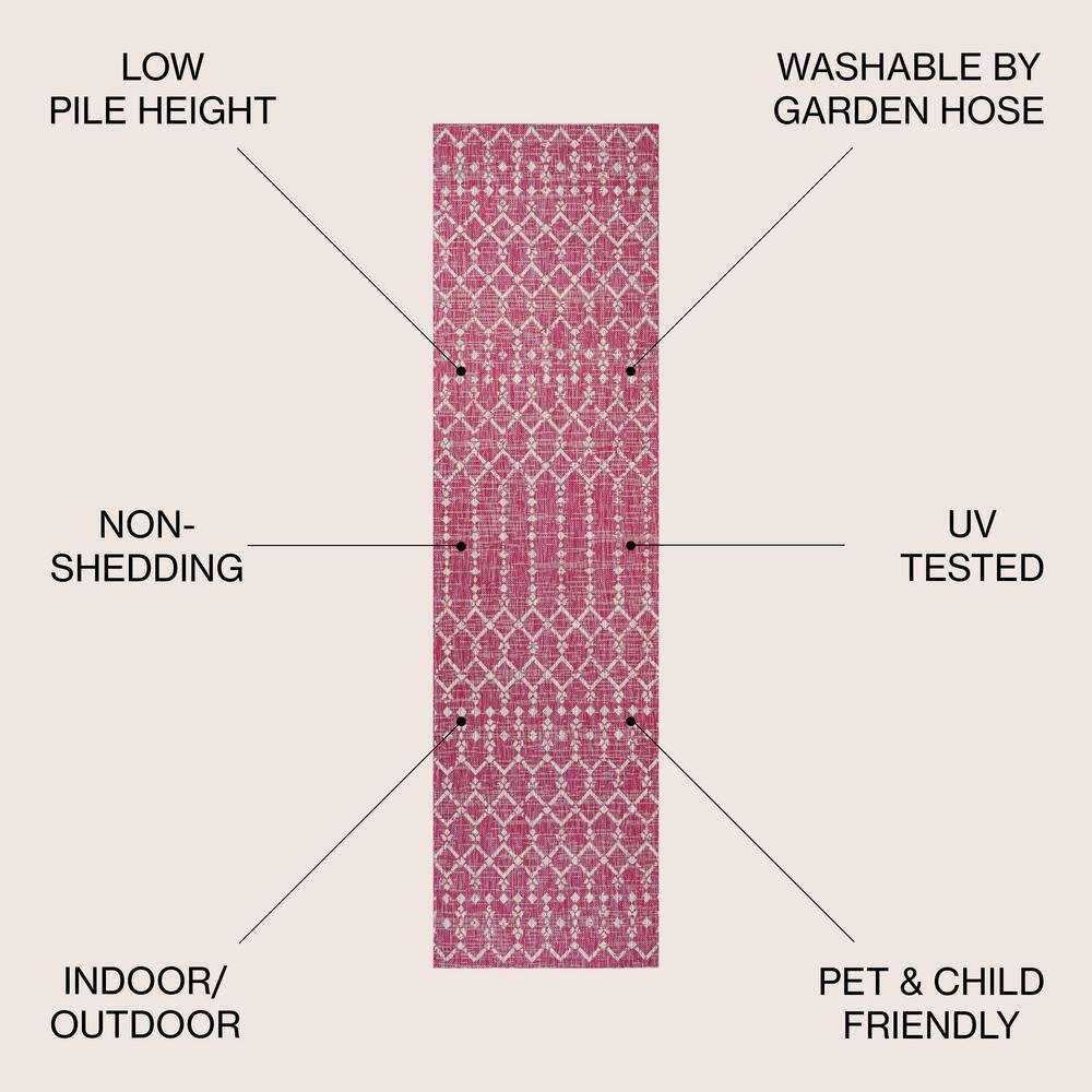 Fuchsia and Light Gray Moroccan Geometric Synthetic Area Rug