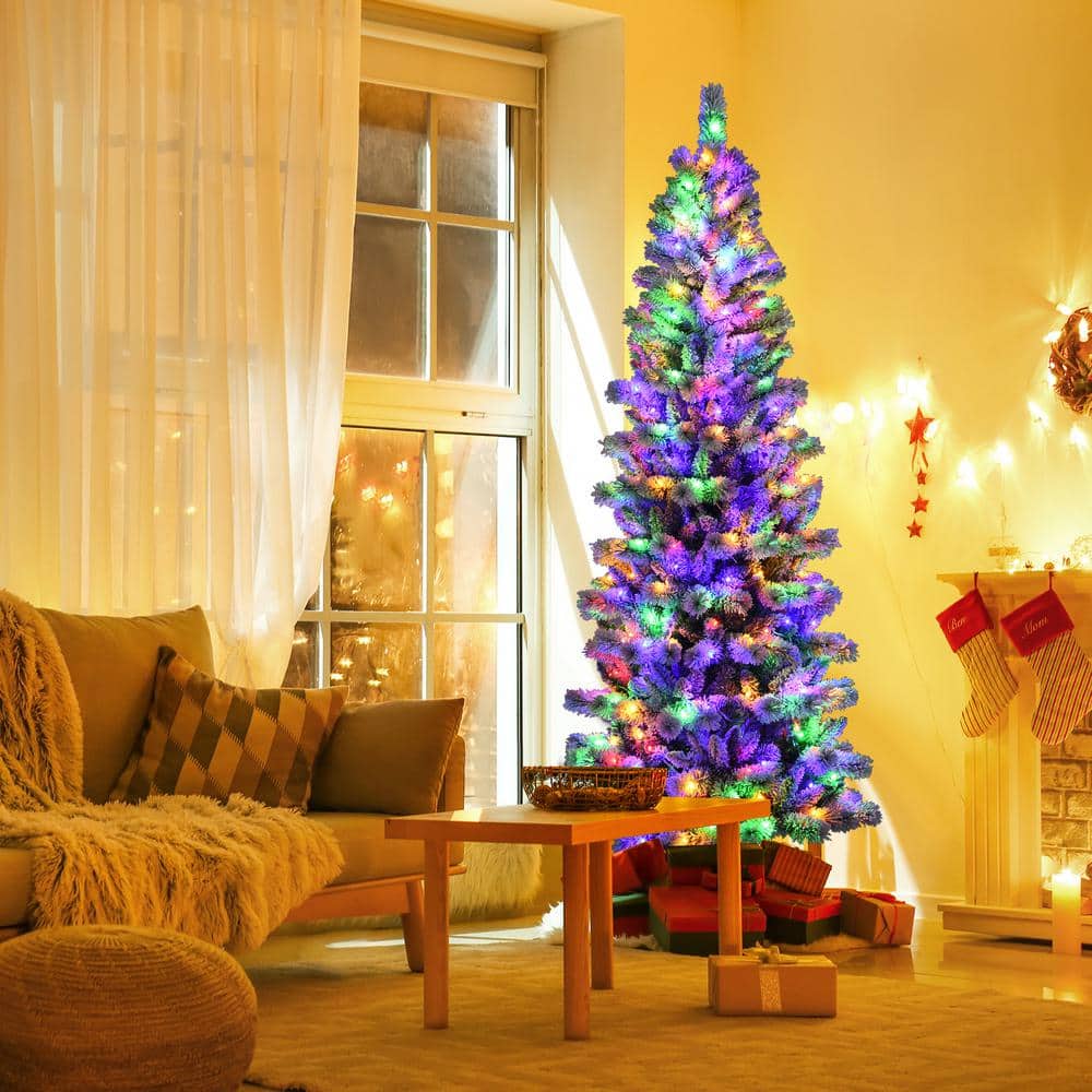 7.5 ft Snow Flocked Pine Christmas Tree with Multicolor LED Lights
