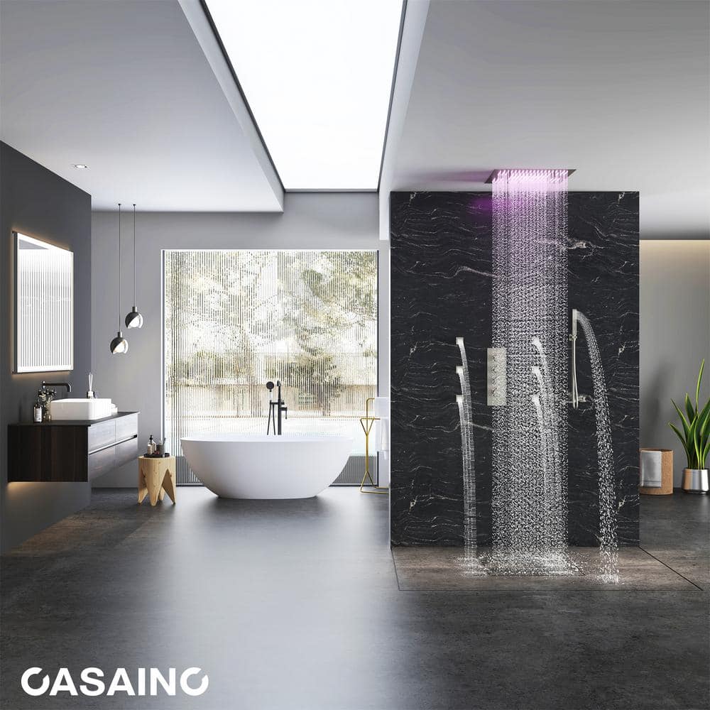 Brushed Nickel Square LED Rain Shower System with Handheld and Bluetooth Speaker