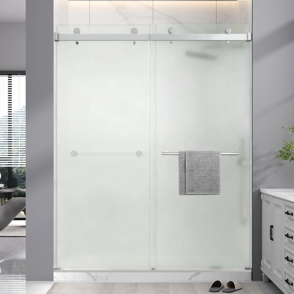 "55-60 in. W x 72 in. H Double Sliding Frameless Shower Door in Brushed Nickel with 1/4"" Frosted Tempered Glass" price history on PriceWatchPro