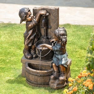 25.5 in. H Polyresin Boy and Girl Sculptural Outdoor Fountain With Pump and LED Lights