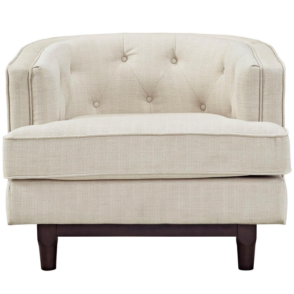 Coastal Elegance Beige Polyester Barrel Armchair with Walnut Wood Base