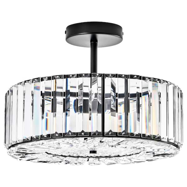 Merra 15 in. 4-Light Black Crystal Semi Flush Mount Ceiling Light With Clear Glass Shade
