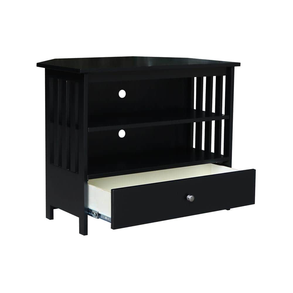 Black Solid Wood Corner TV Stand with Drawer and Shelves