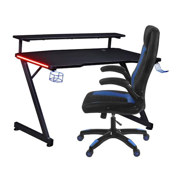 48 in Black/ Blue LED Carbon Fiber Gaming Desk with Riser Shelf and Ergonomic Racing-Style Gaming Chair