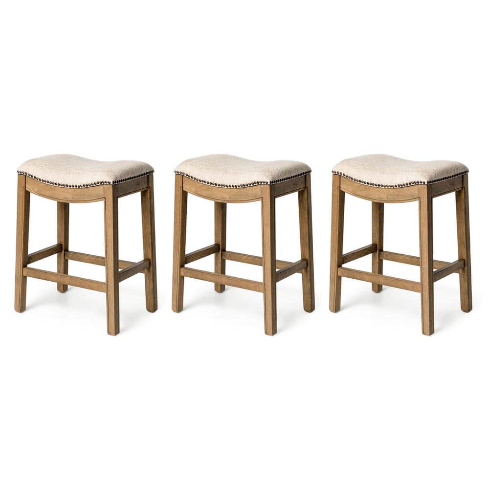 MAVEN LANE 25.7 in. in Natural/Cream Wood Frame Bar Stool with Fabric ...