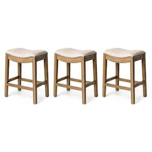 25.7 in. in Natural/Cream Wood Frame Bar Stool with Fabric Seat and Nailhead Trim (Set of 3)