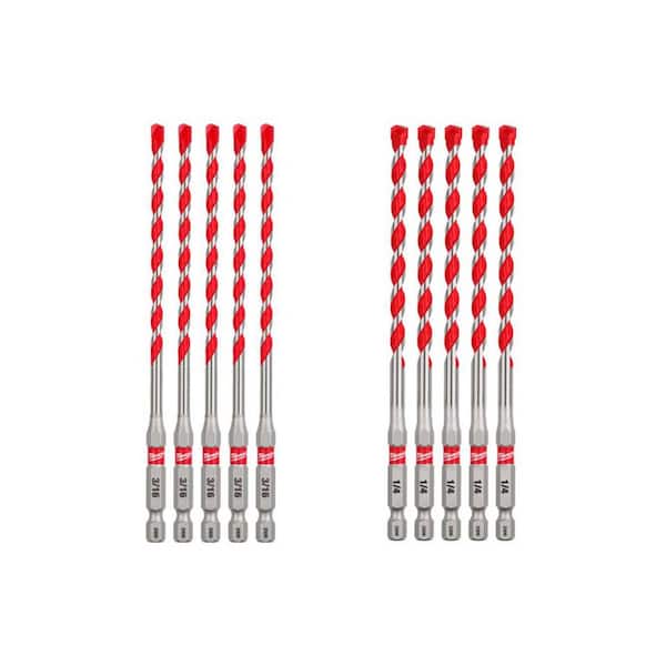 (10 Pack) SHOCKWAVE Carbide Hammer Drill Bits (5) 3/16 in., and (5) 1/4 in.