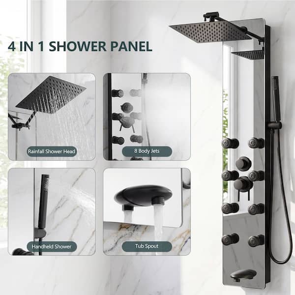 8-Jet Multifunction Shower Panel System with Adjustable Rainfall Shower Head and Handheld in Matte Black