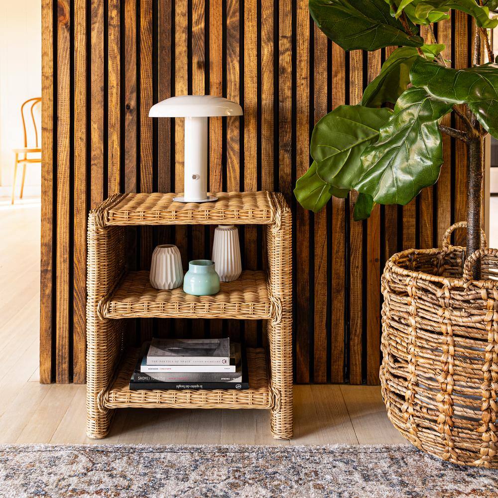 Natural Rattan and Mango Wood 3-Tier End Table