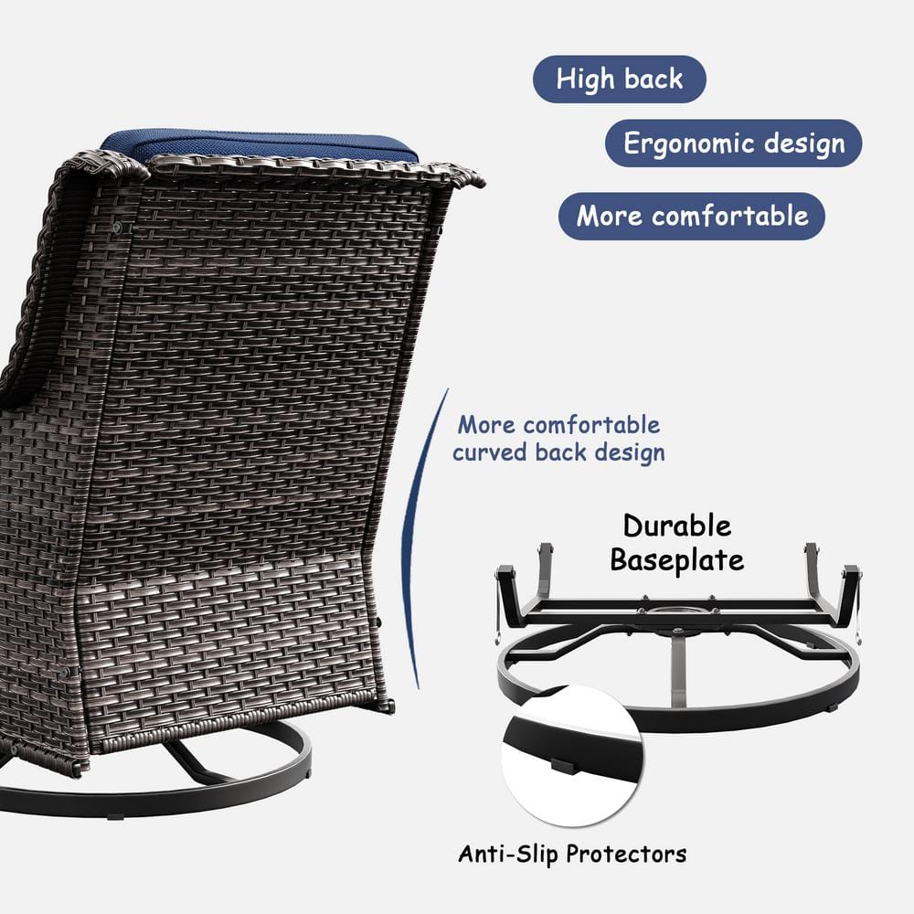 Blue Cushioned 4-Person Steel Wicker Patio Set with Swivel Rocking Chairs
