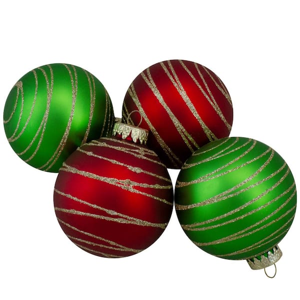 Northlight Set of 2 Silver with Red Glitter and Beads Striped Glass Christmas Ball Ornaments 4