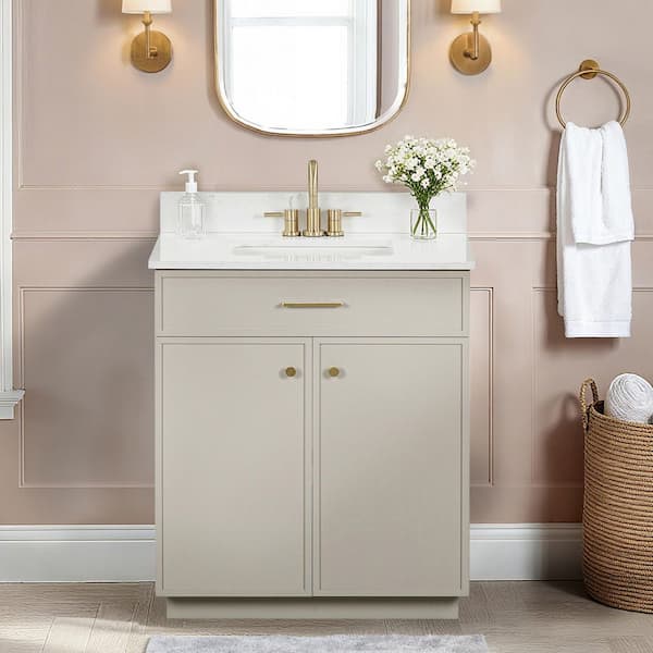 Glacier Bay Marcote 30 in. Single Sink Greige Bath Vanity with White Volakas Engineered Marble Top (Assembled)