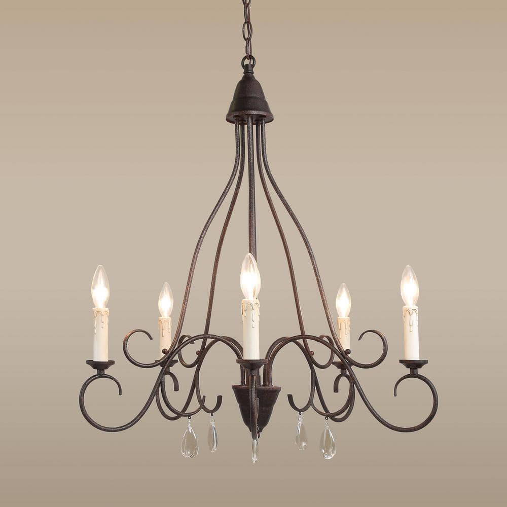 5-Light Aged Iron Rustic Bronze Metal Chandelier with Candle-Shaped Lights 